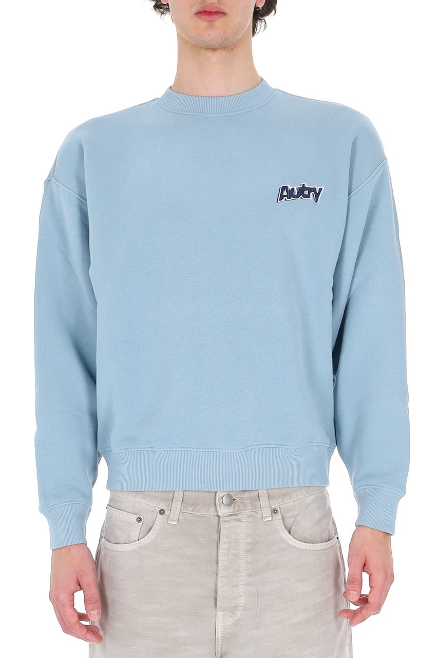 Autry Light Blue Central Logo Cotton Crewneck Sweatshirt Blauw