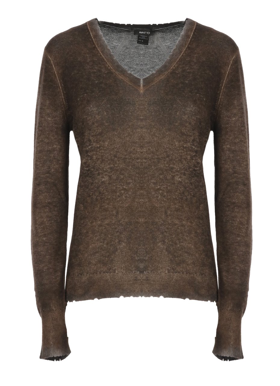 Avant Toi Brown Textured V-Neck Sweater Zwart