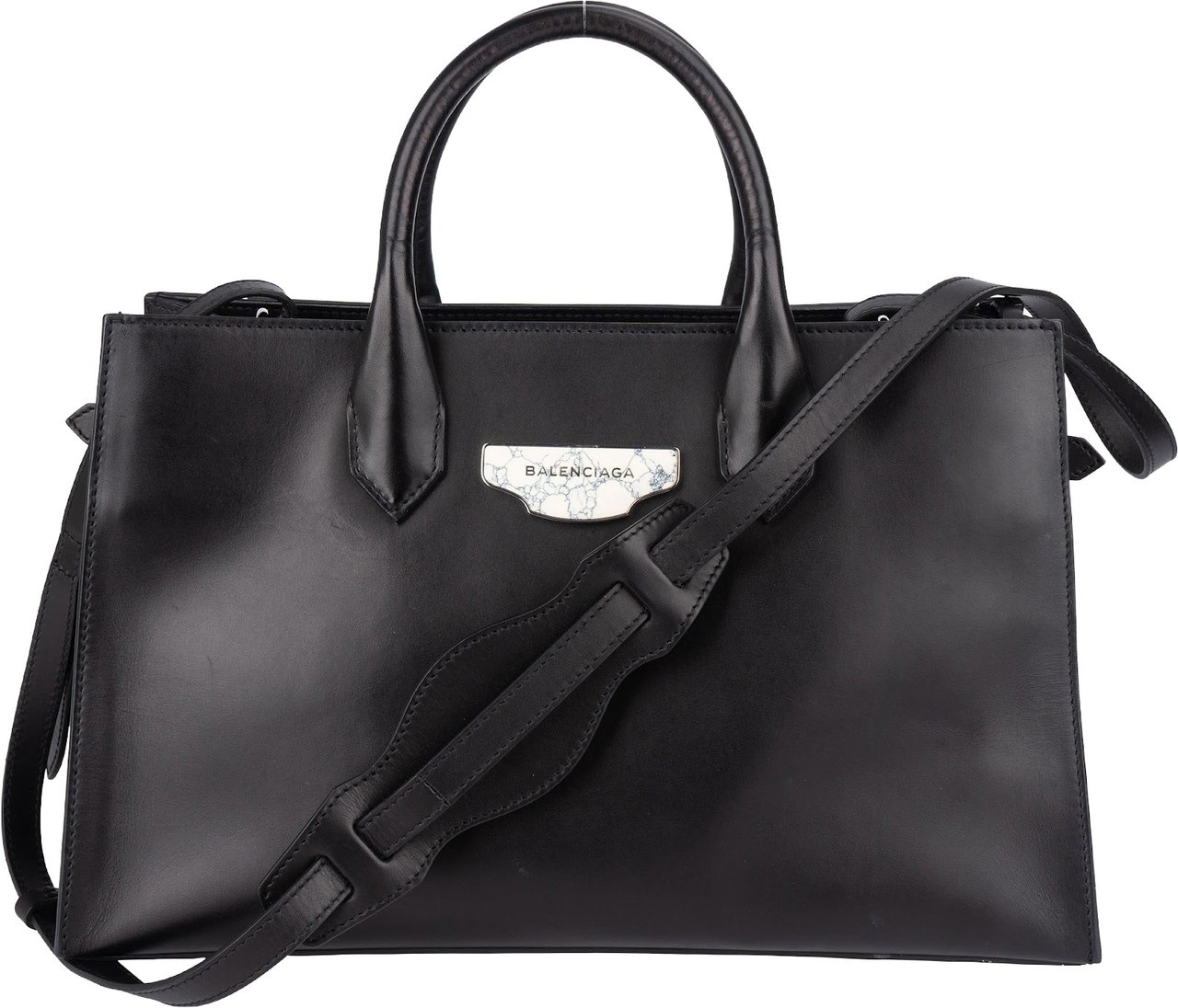 Balenciaga Balenciaga Black Leather Marble Padlock Tote Shoulder Bag Zwart