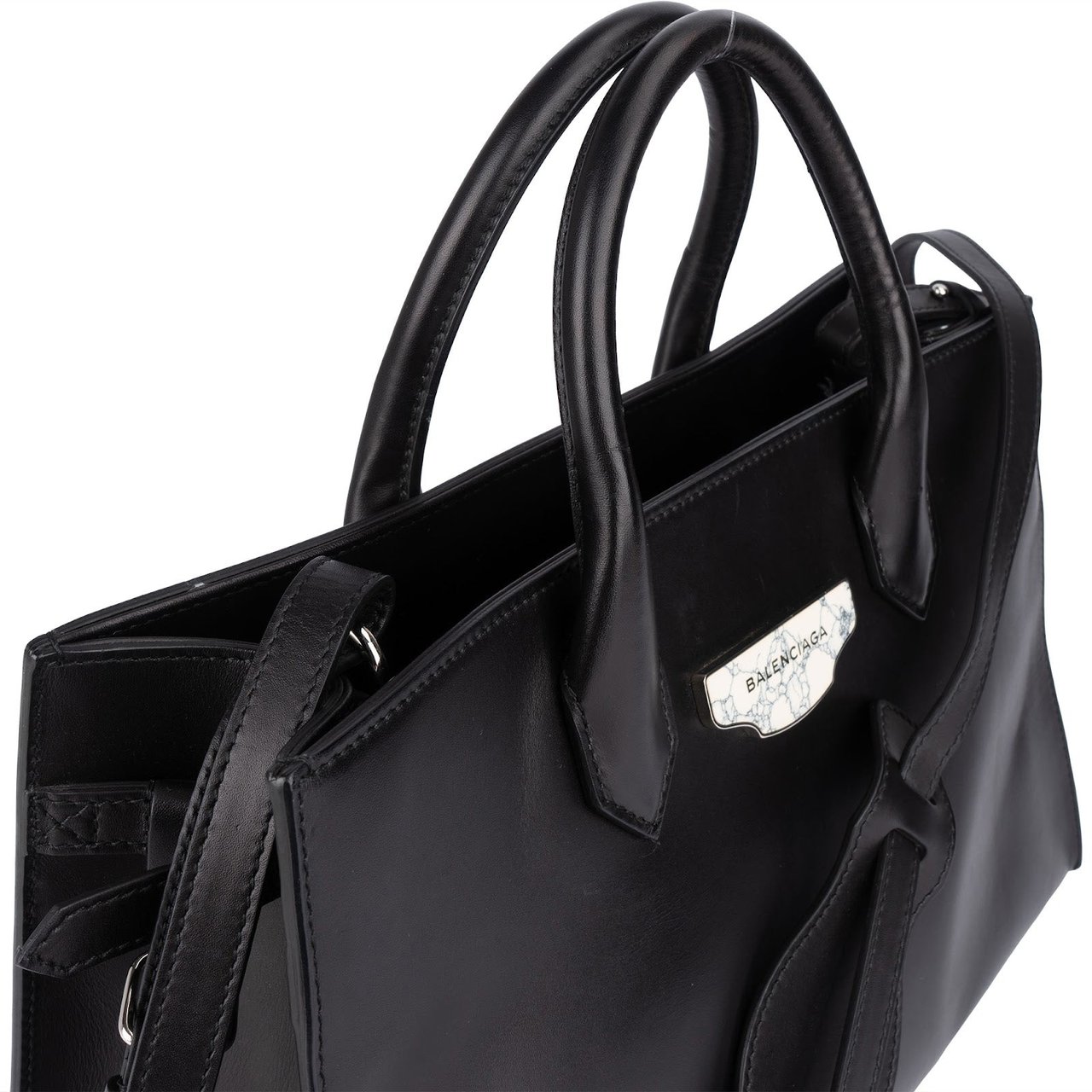 Balenciaga Balenciaga Black Leather Marble Padlock Tote Shoulder Bag Zwart