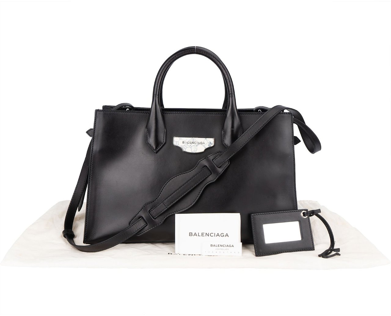Balenciaga Balenciaga Black Leather Marble Padlock Tote Shoulder Bag Zwart