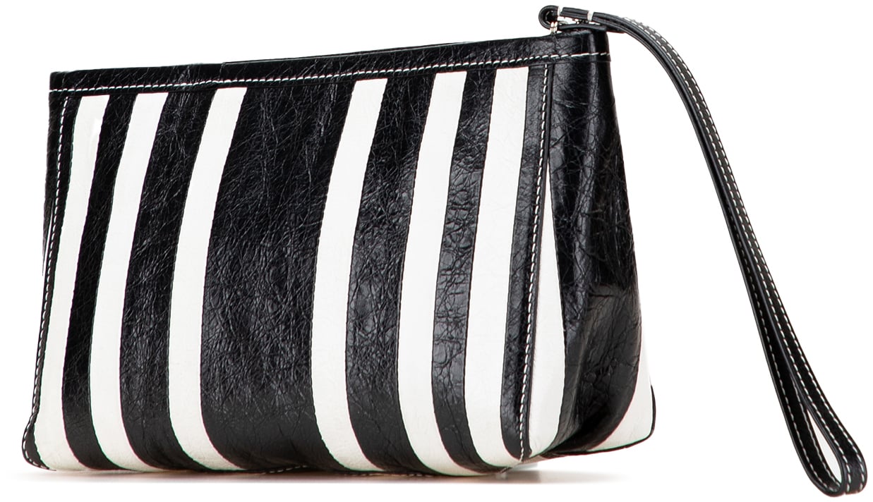 Balenciaga Small Lambskin Barbes Striped Patwork Zip Pouch Zwart