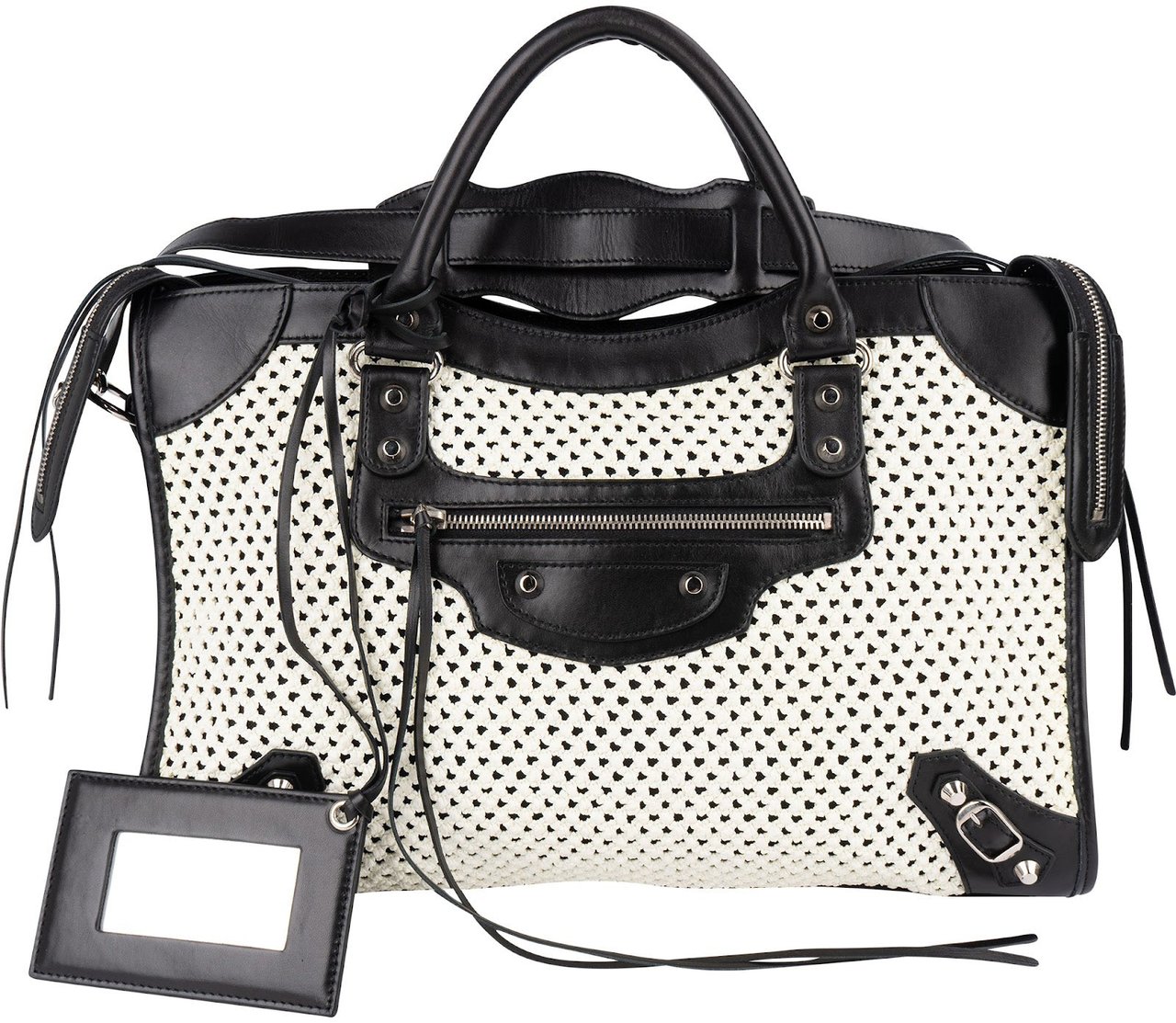 Balenciaga Black and White Raffia and Leather City Handbag Zwart