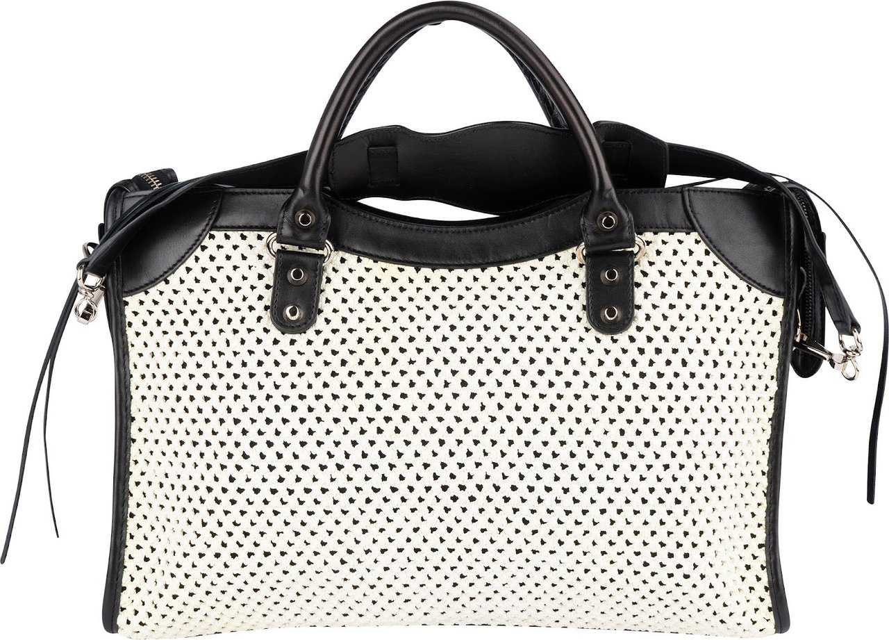 Balenciaga Black and White Raffia and Leather City Handbag Zwart