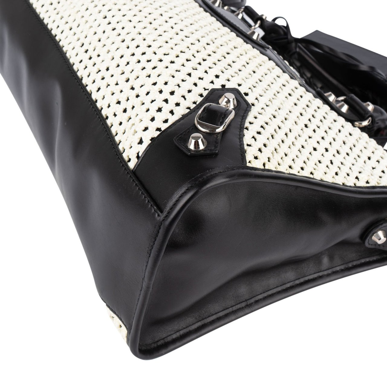 Balenciaga Black and White Raffia and Leather City Handbag Zwart
