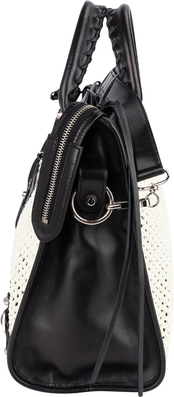 Balenciaga Black and White Raffia and Leather City Handbag Zwart
