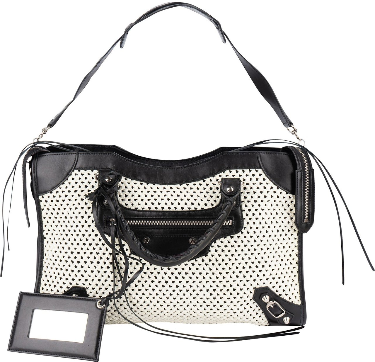 Balenciaga Black and White Raffia and Leather City Handbag Zwart