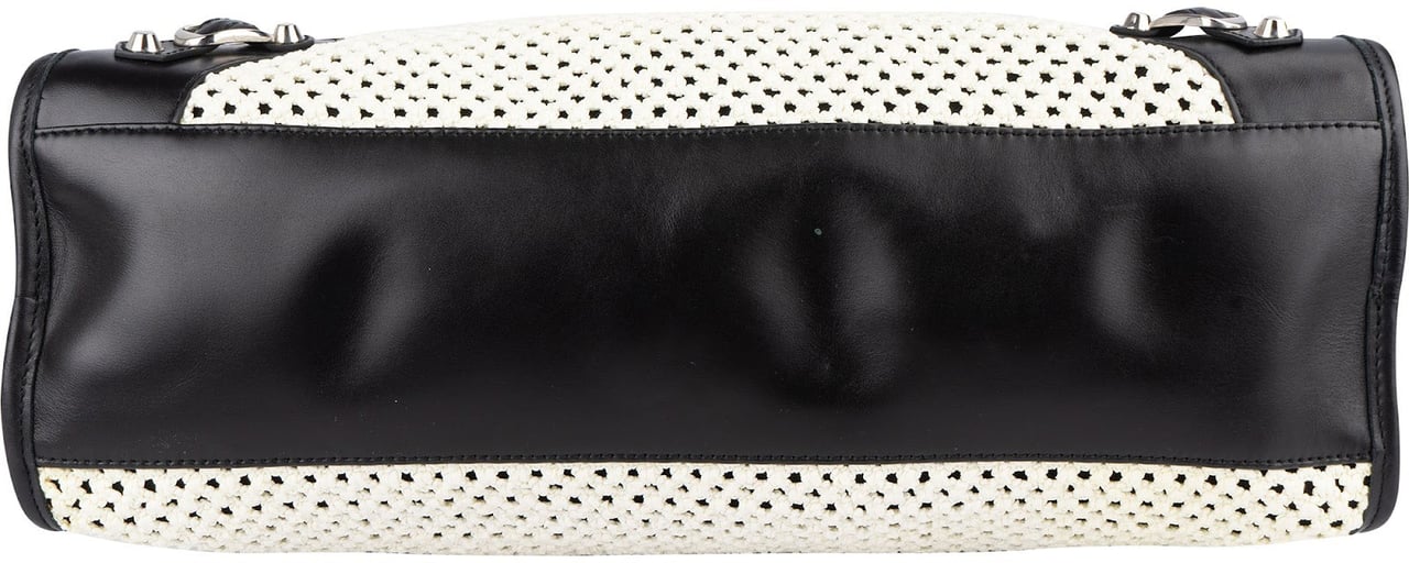 Balenciaga Black and White Raffia and Leather City Handbag Zwart