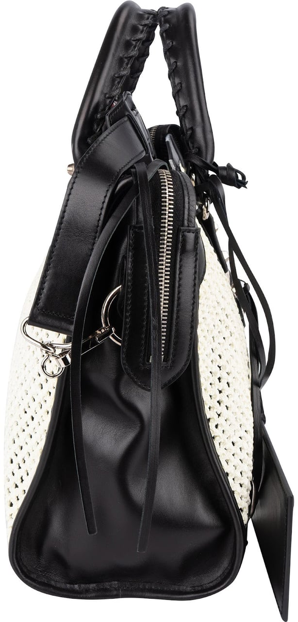 Balenciaga Black and White Raffia and Leather City Handbag Zwart