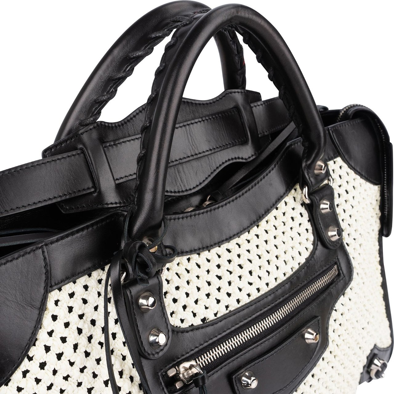 Balenciaga Black and White Raffia and Leather City Handbag Zwart