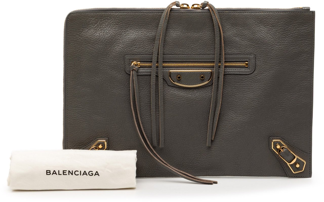 Balenciaga Lambskin Motocross Metallic Edge Flat Clutch Grijs