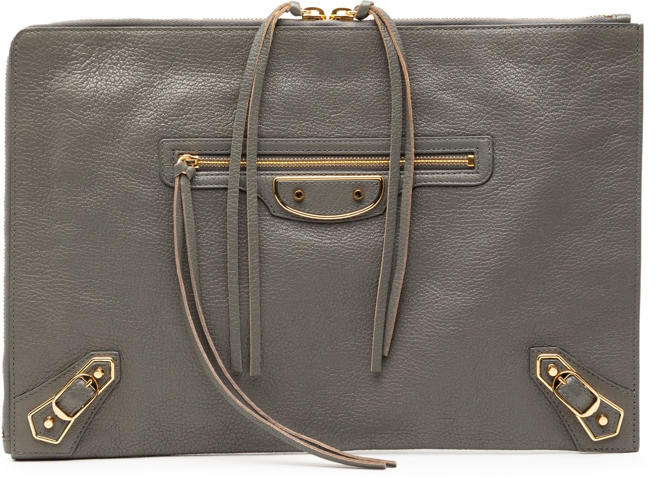 Balenciaga Lambskin Motocross Metallic Edge Flat Clutch Grijs