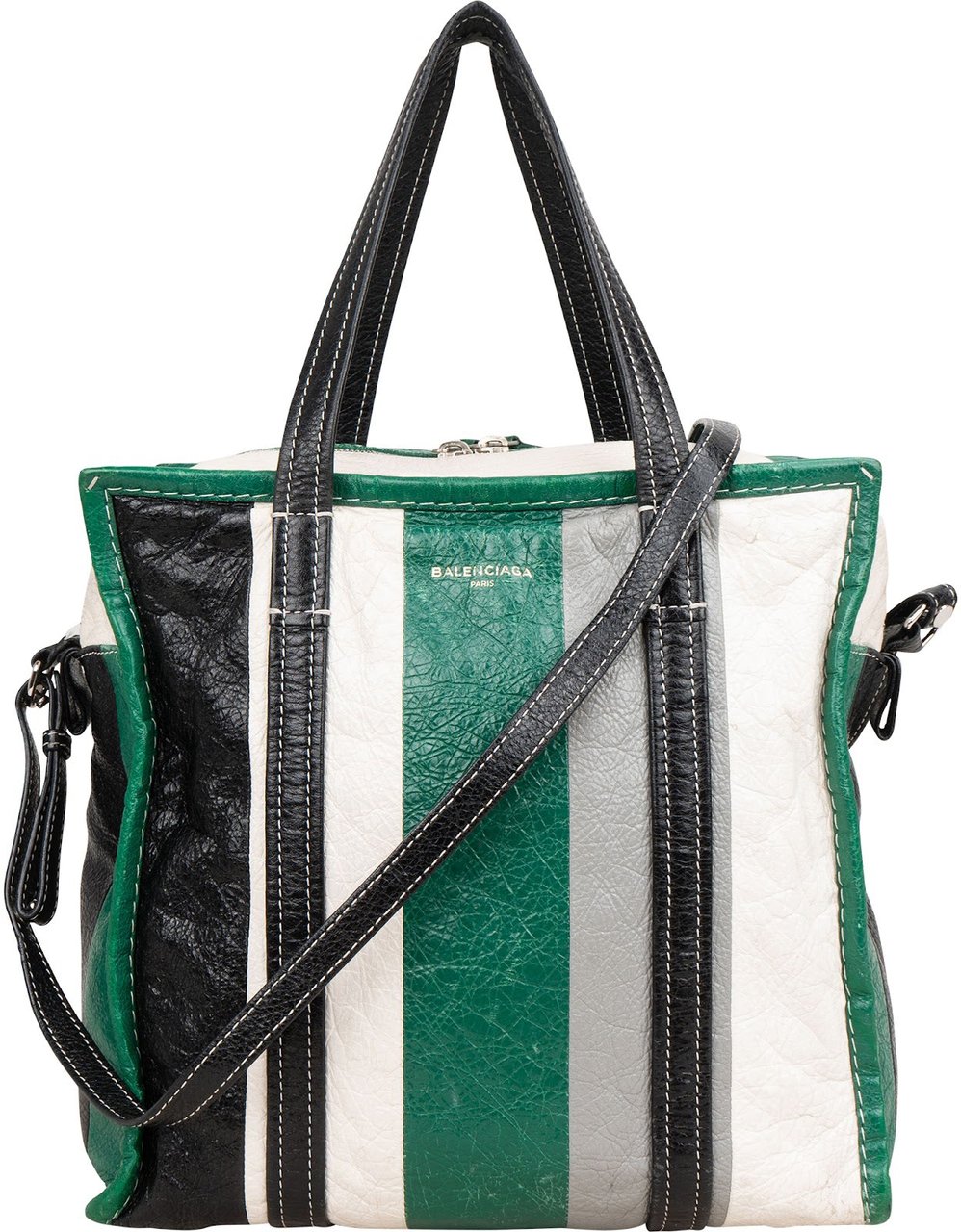 Balenciaga Tricolor Calfskin Leather Bazar Small Tote Crossbody Handbag Groen