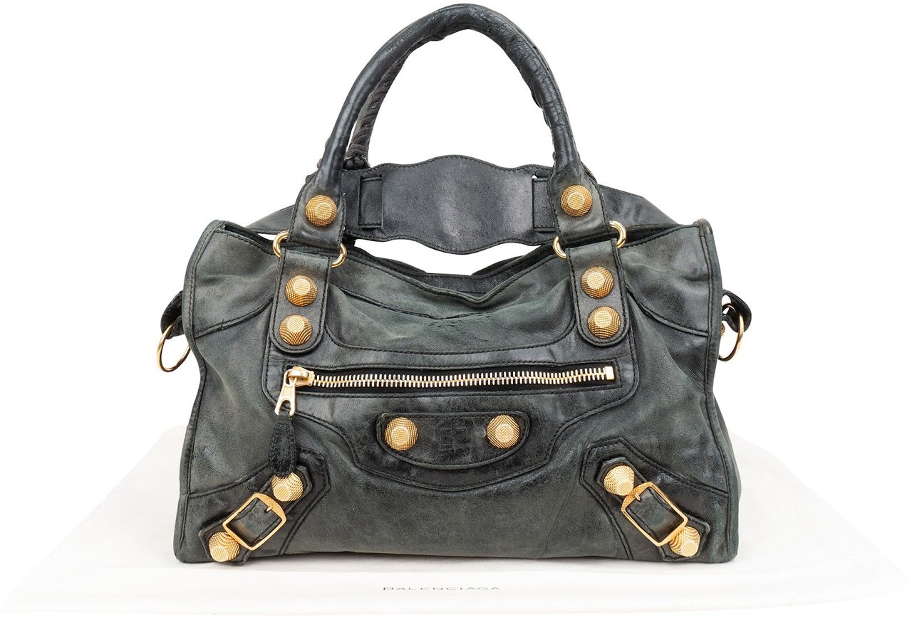Balenciaga Dark Green Leather City Handbag Donkergroen