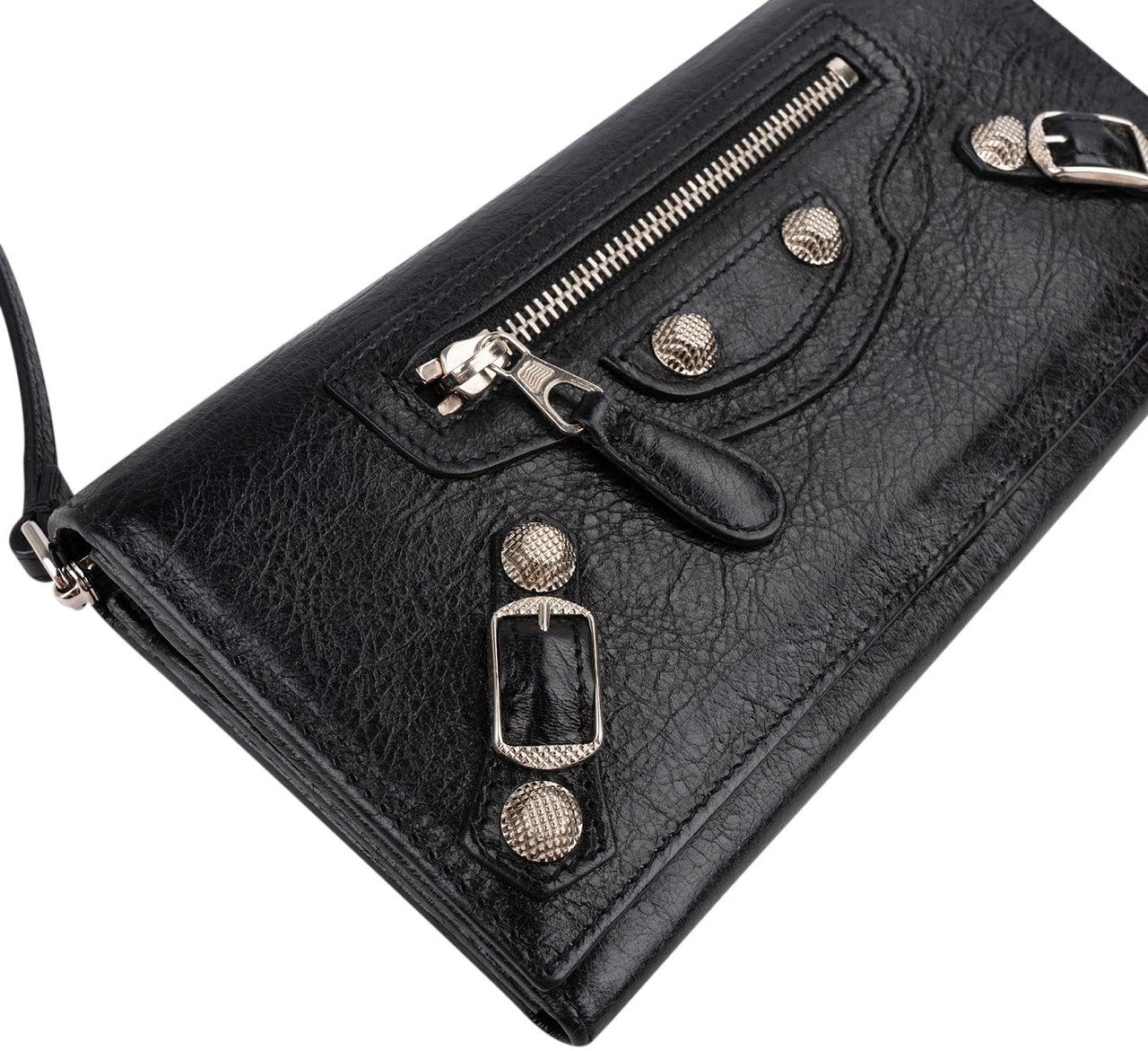 Balenciaga Black Leather Classic City Wallet On Strap Shoulder Bag Zwart