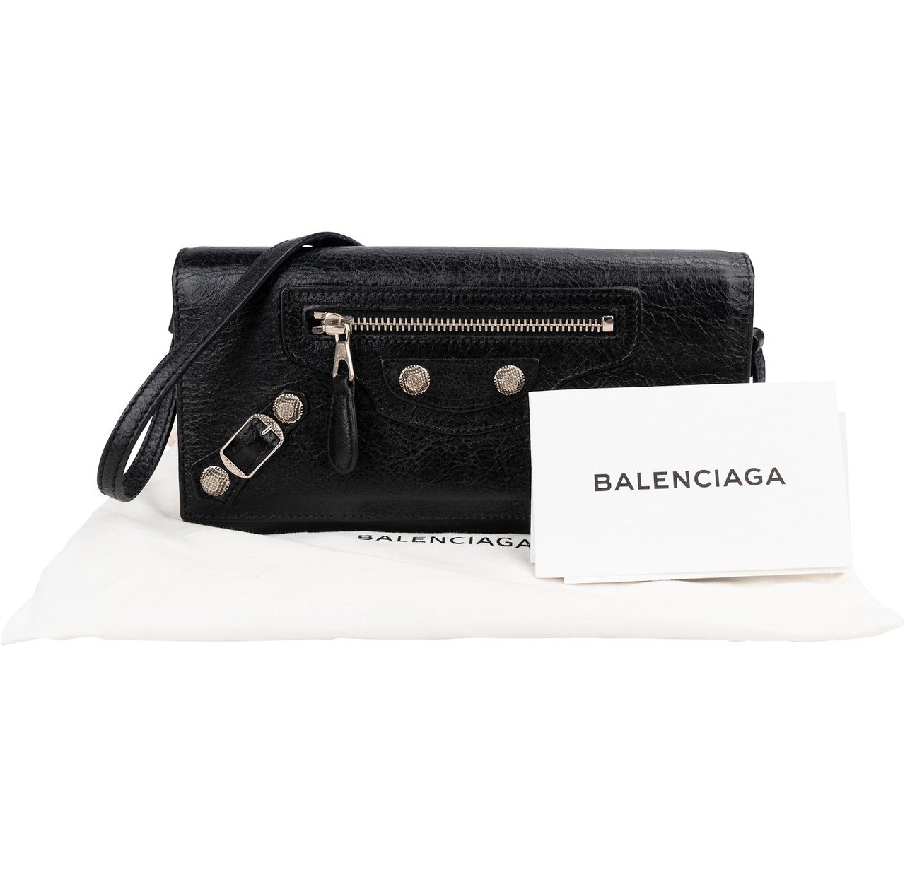 Balenciaga Black Leather Classic City Wallet On Strap Shoulder Bag Zwart