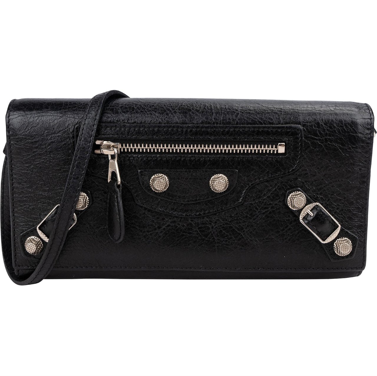 Balenciaga Black Leather Classic City Wallet On Strap Shoulder Bag Zwart