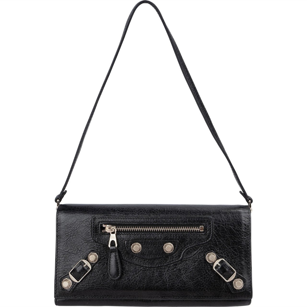 Balenciaga Black Leather Classic City Wallet On Strap Shoulder Bag Zwart