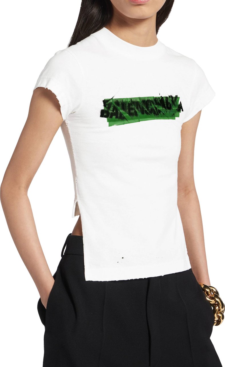 Balenciaga White Chopped Back Cropped Graphic T-Shirt Wit