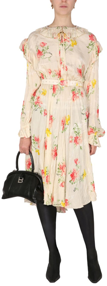 Balenciaga Floral Dress with Drawstring Collar and Flowing Silhouette Neutraal