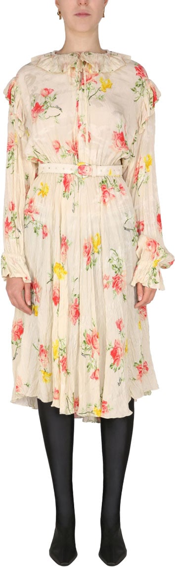 Balenciaga Floral Dress with Drawstring Collar and Flowing Silhouette Neutraal