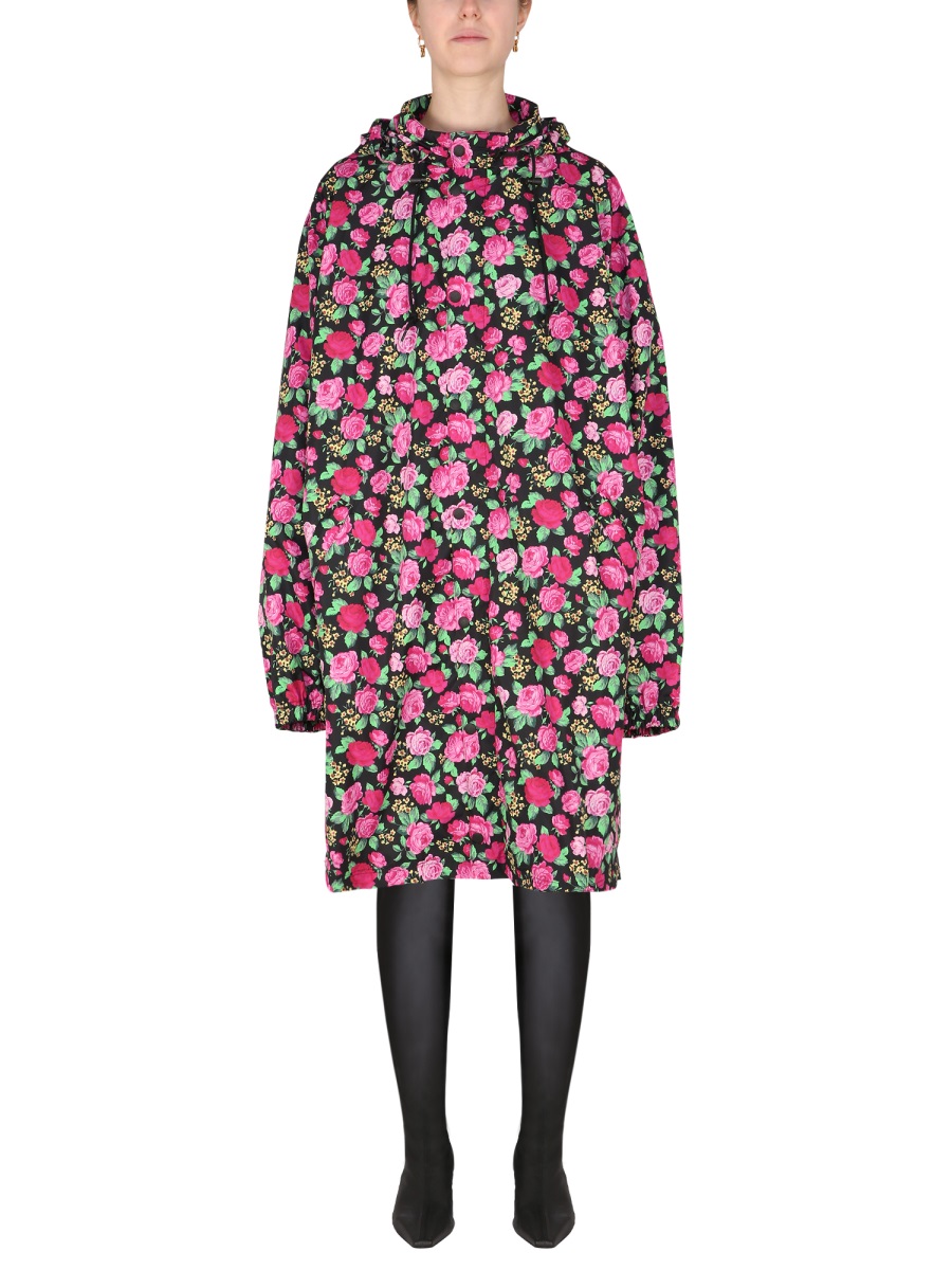 Balenciaga Floral-Pattern Hooded Coat with Drawstring Closure Grijs