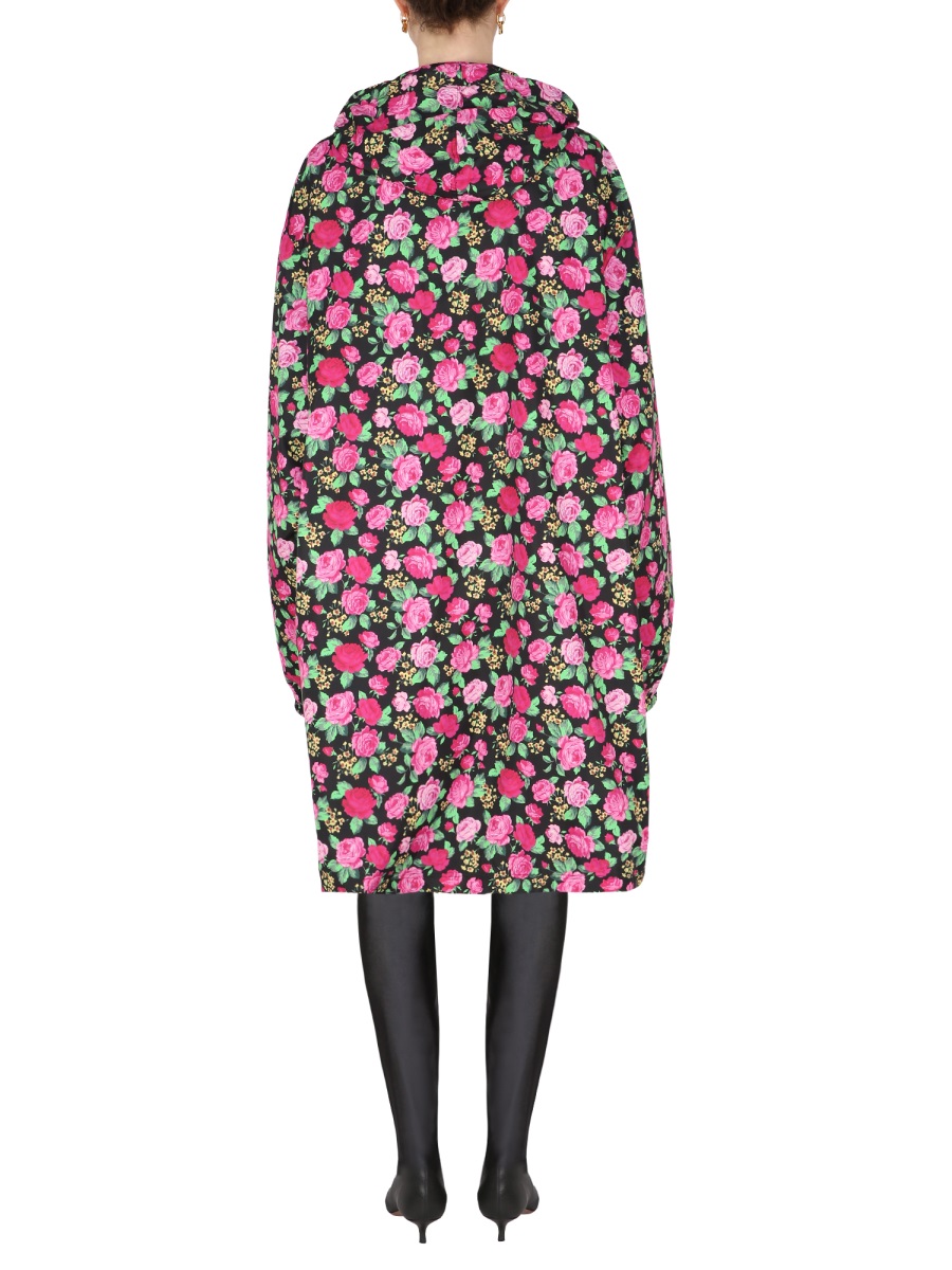 Balenciaga Floral-Pattern Hooded Coat with Drawstring Closure Grijs