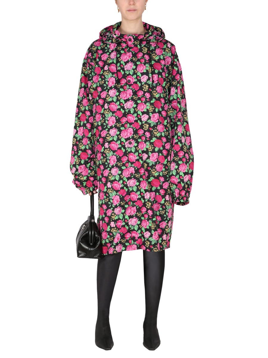 Balenciaga Floral-Pattern Hooded Coat with Drawstring Closure Grijs
