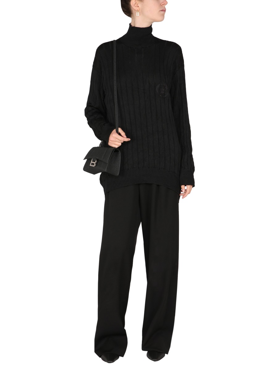 Balenciaga Ribbed Silk Knit Oversized Turtleneck Pullover Zwart