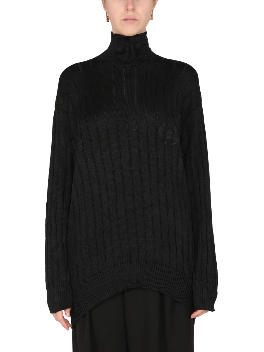 Balenciaga Ribbed Silk Knit Oversized Turtleneck Pullover Zwart