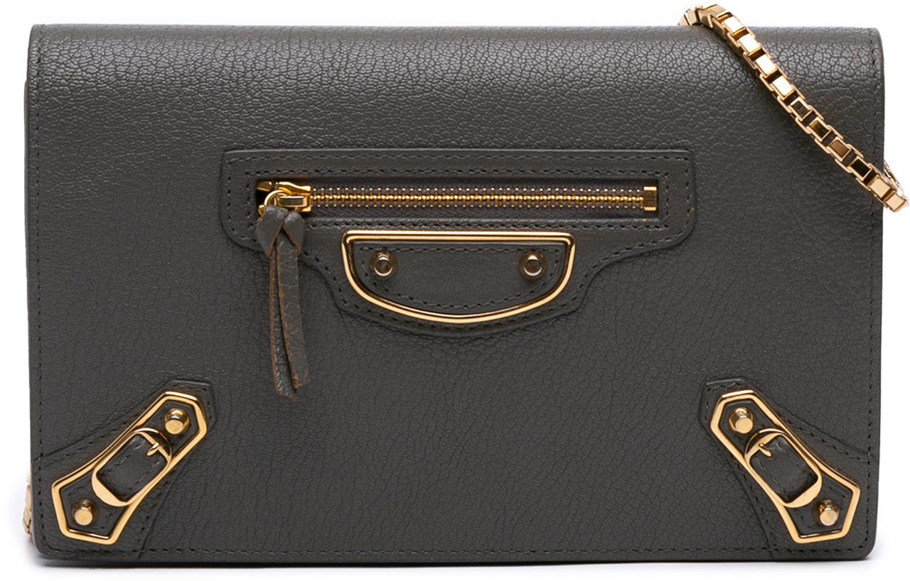 Balenciaga Chevre Motocross Metallic Edge Wallet on Chain Grijs