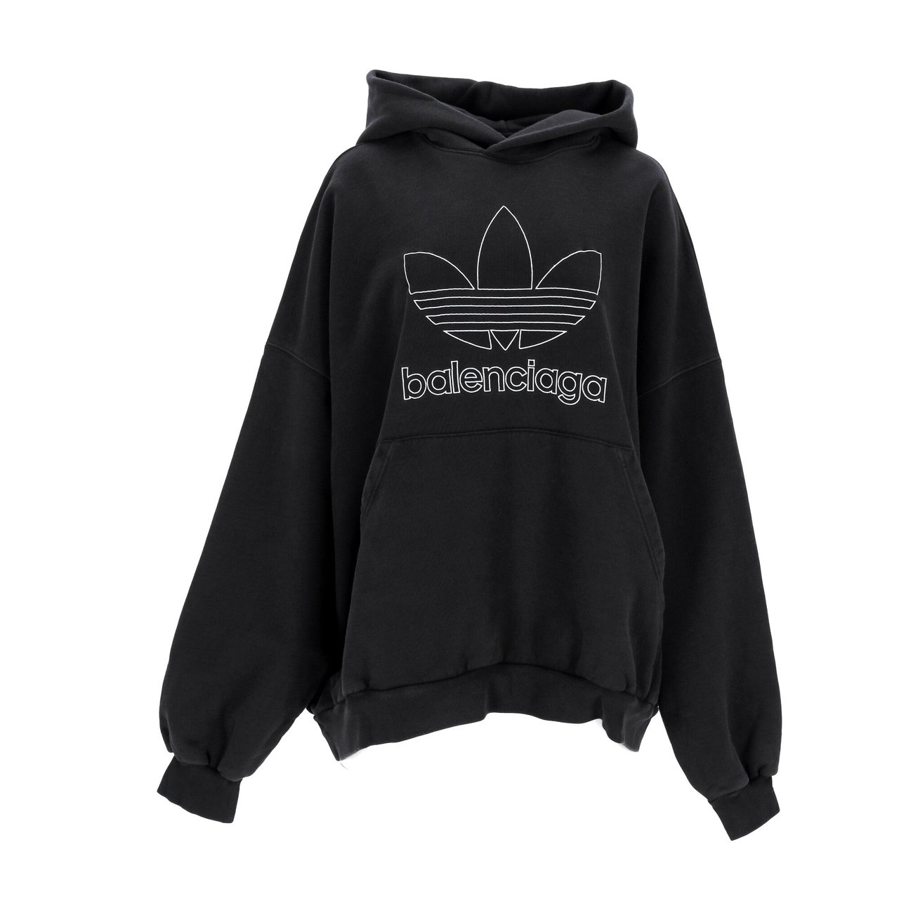 Balenciaga Oversized Black Fleece Hoodie With Embroidered Logos Zwart