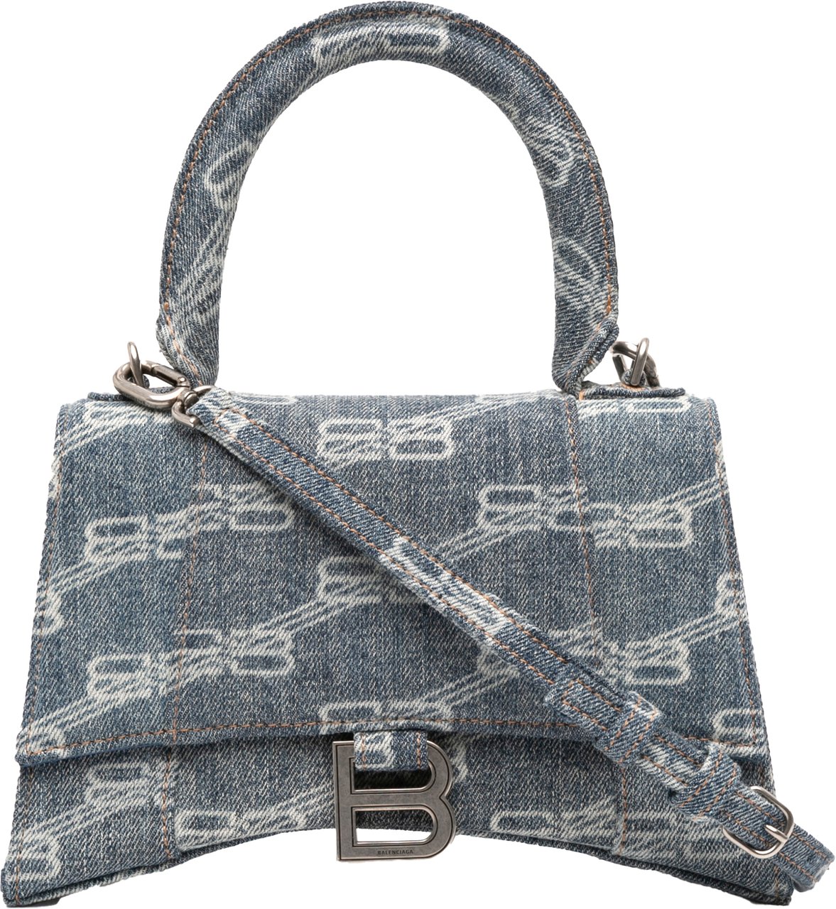 Balenciaga Small BB Monogram Denim Hourglass Top Handle Bag Blauw