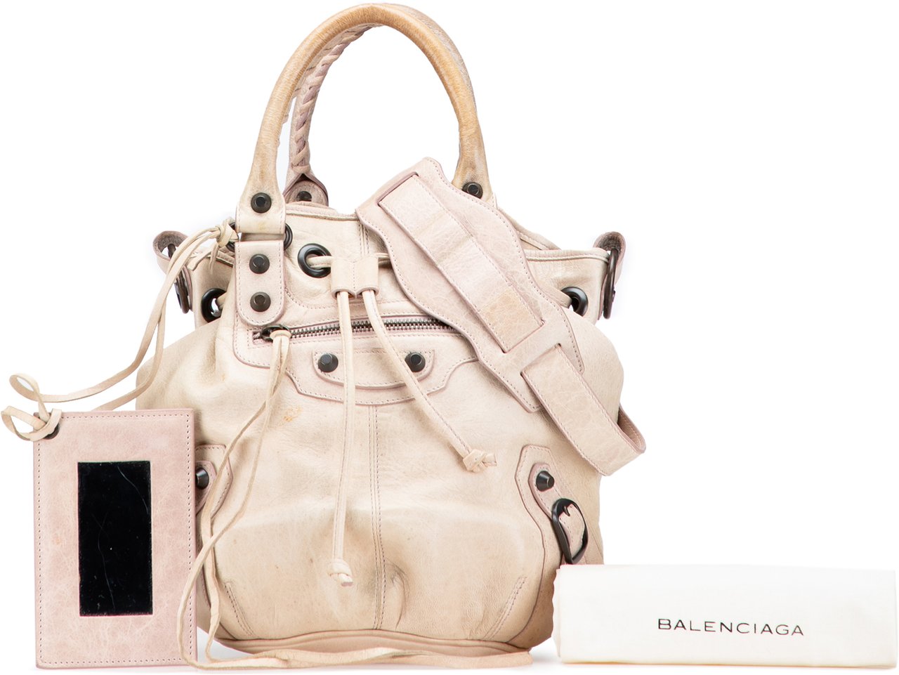 Balenciaga Mini Lambskin Motocross Pompon Bag Bruin