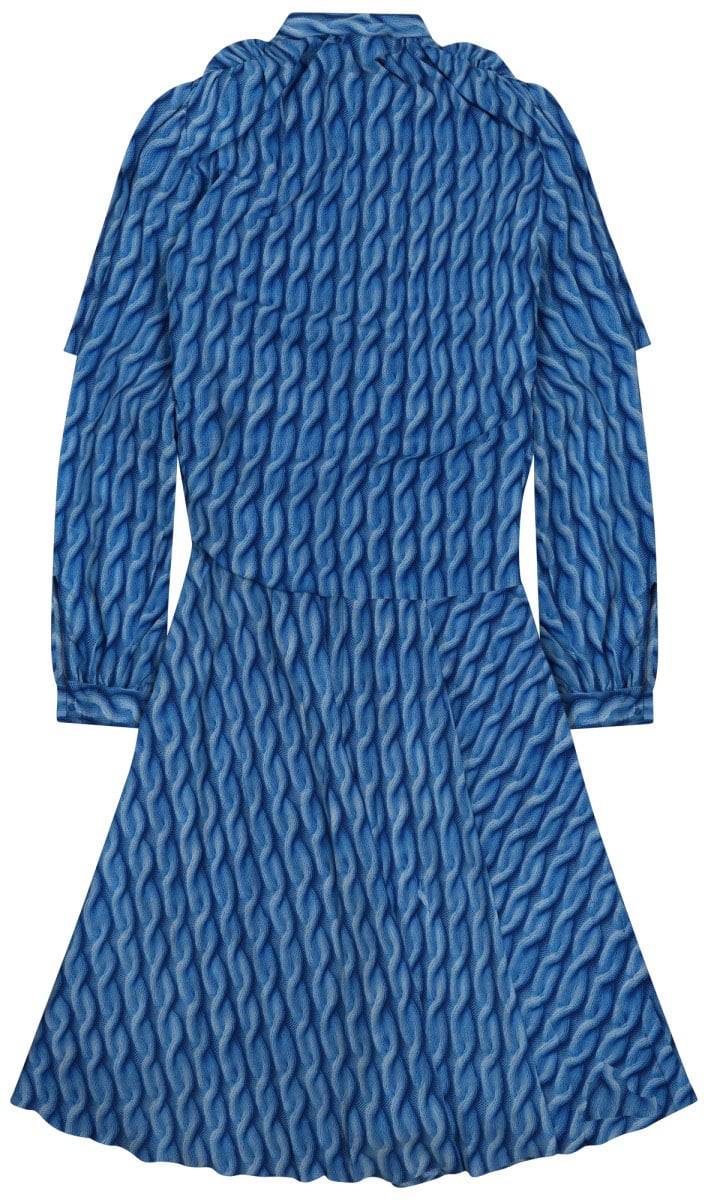 Balenciaga Textured Wave Print Midi Dress With Fitted Waist Blauw