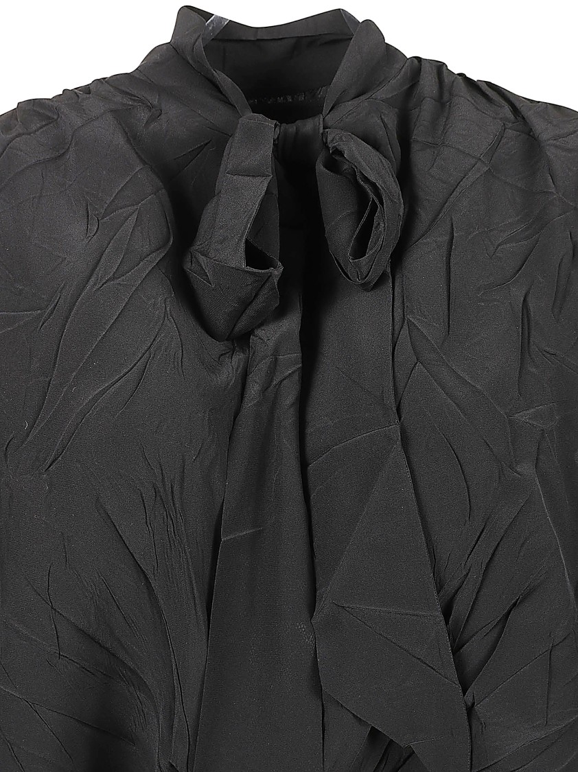 Balenciaga Crinkled Silk Midi Dress With Scarf Collar And Overlay Panel Zwart