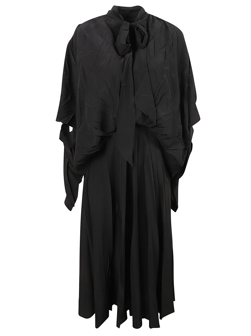 Balenciaga Crinkled Silk Midi Dress With Scarf Collar And Overlay Panel Zwart