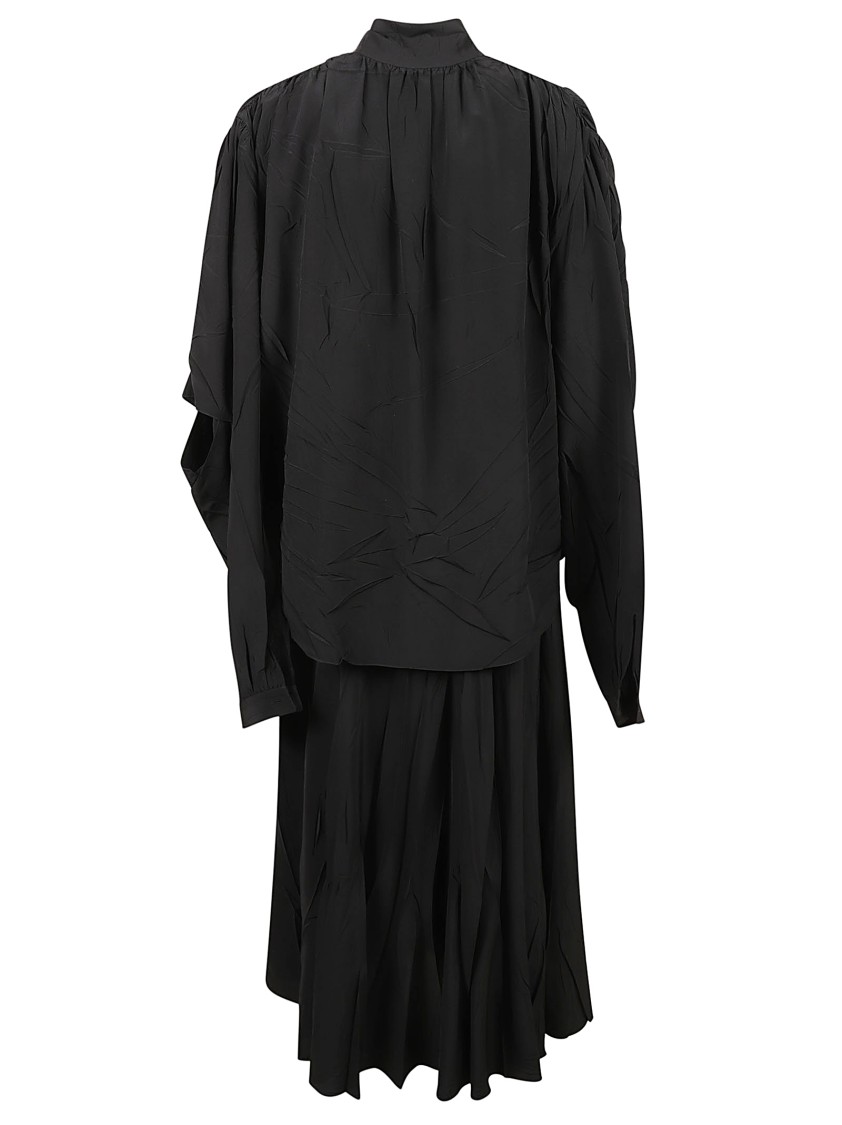Balenciaga Crinkled Silk Midi Dress With Scarf Collar And Overlay Panel Zwart