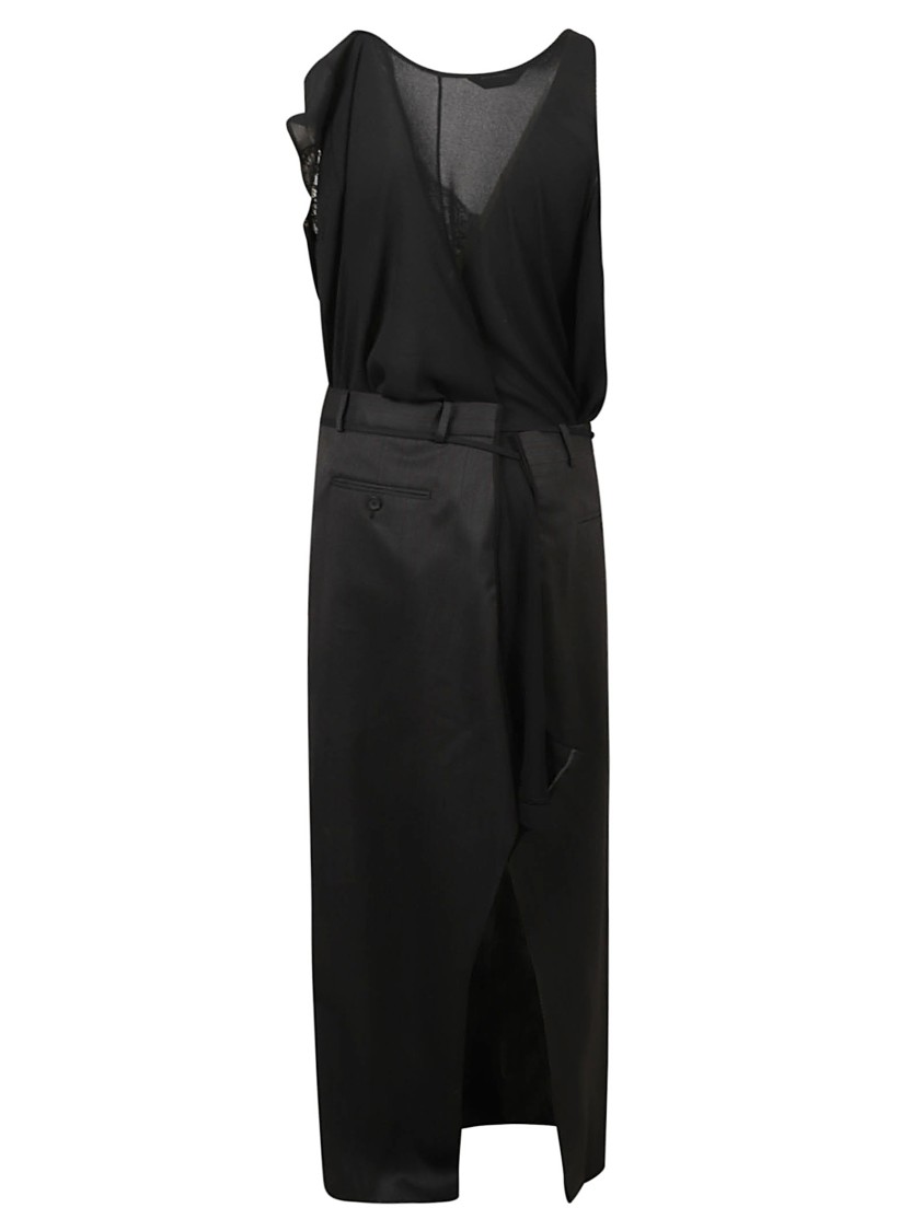 Balenciaga Long Black Georgette Dress With Asymmetrical Straps And Lace Trim Zwart