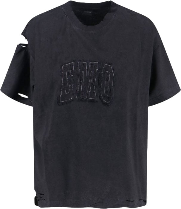 Balenciaga Distressed Black Cotton T-Shirt With Bold Logo Zwart