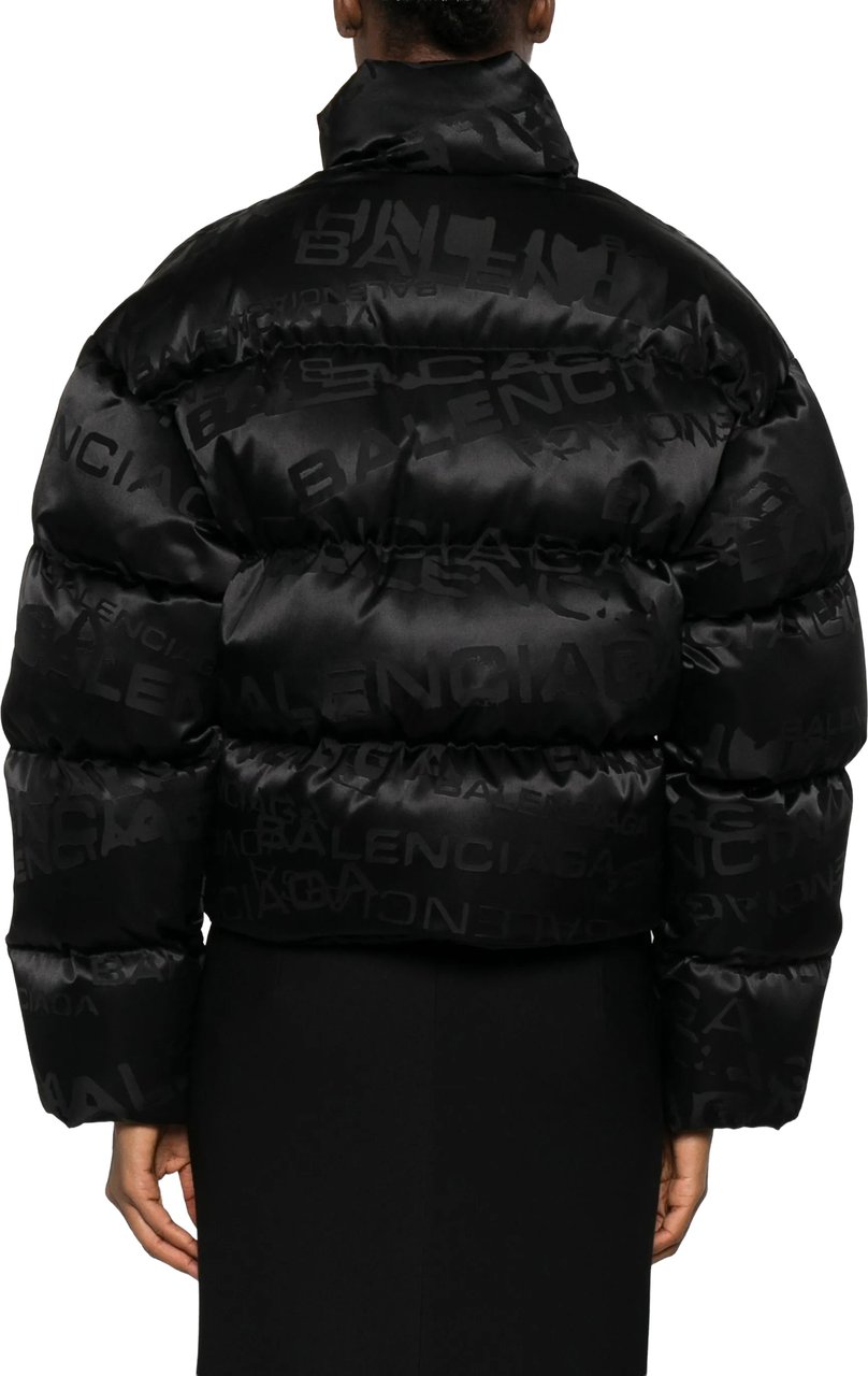 Balenciaga Black Cropped Puffer Tonal Logo Jacket Zwart