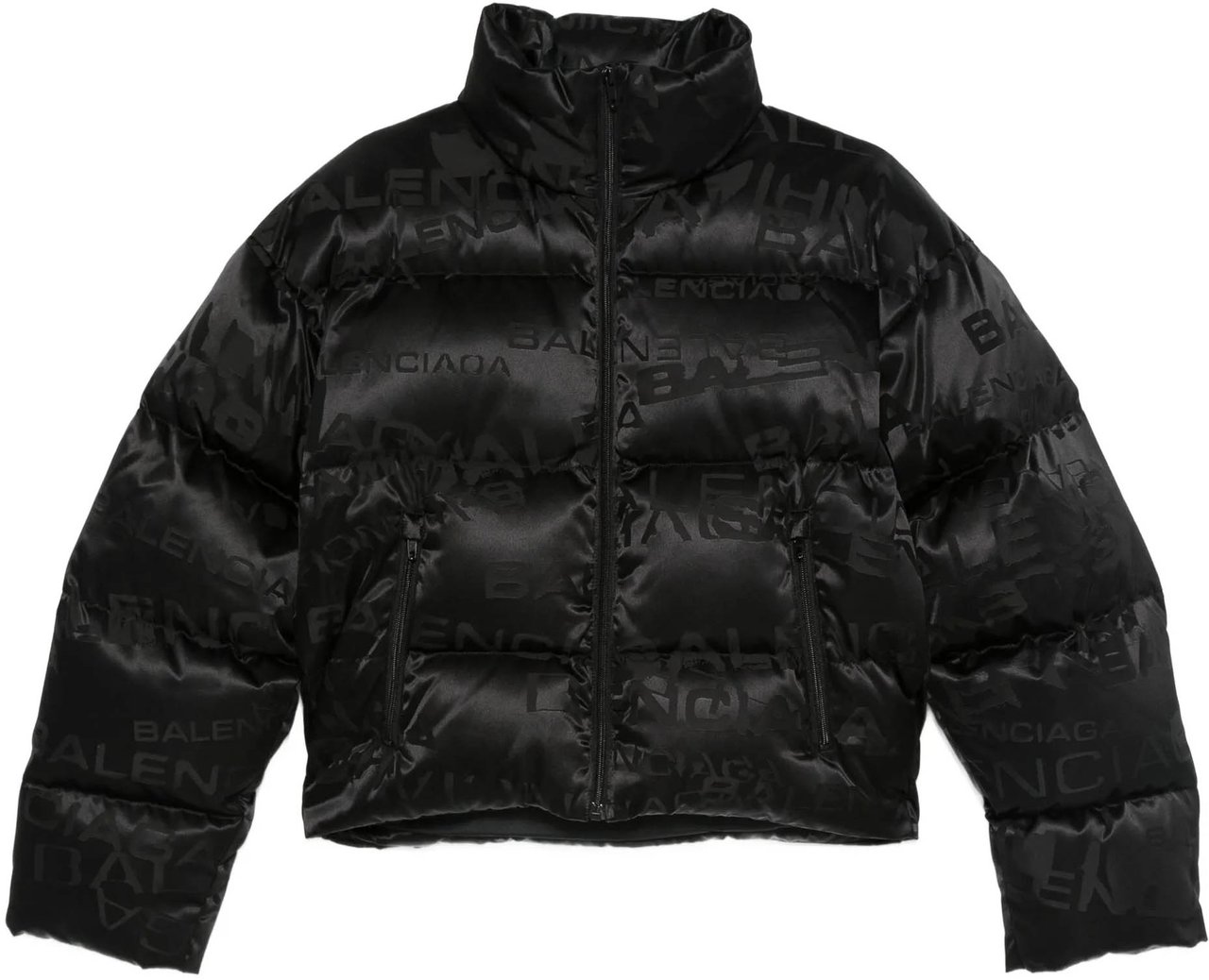 Balenciaga Black Cropped Puffer Tonal Logo Jacket Zwart