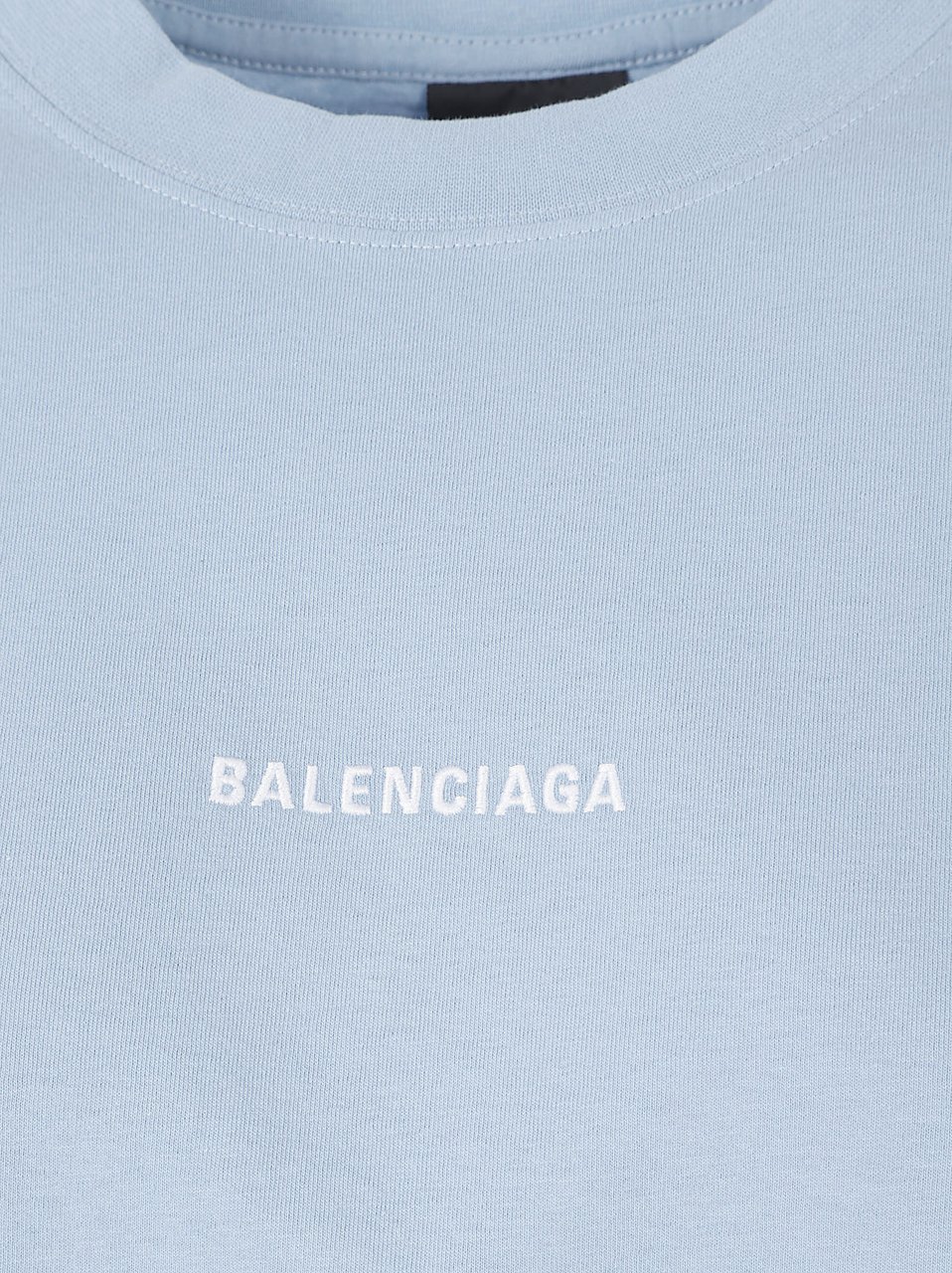 Balenciaga Pastel Blue Cotton Jersey T-Shirt with Embroidered Logos Blauw