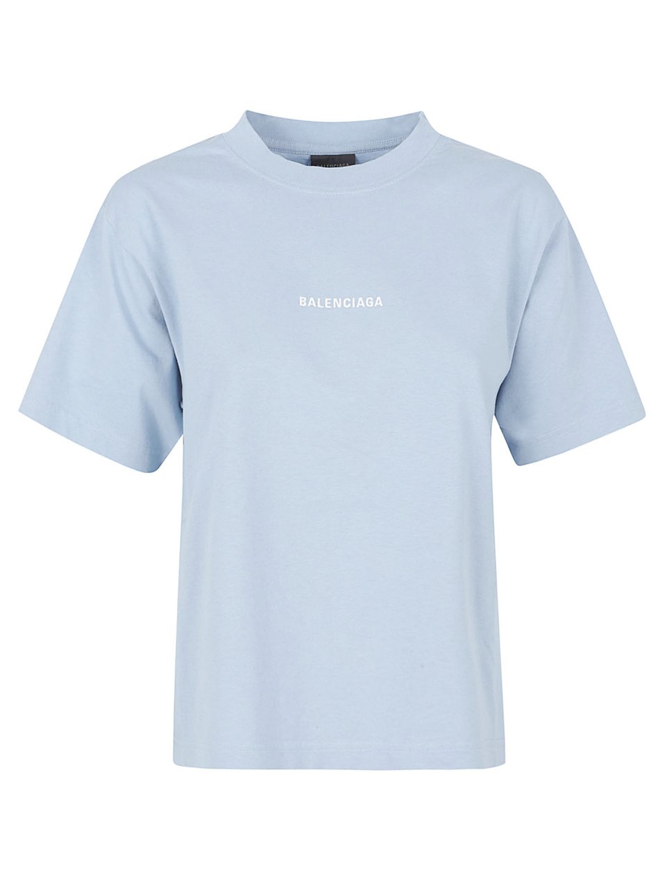 Balenciaga Pastel Blue Cotton Jersey T-Shirt with Embroidered Logos Blauw