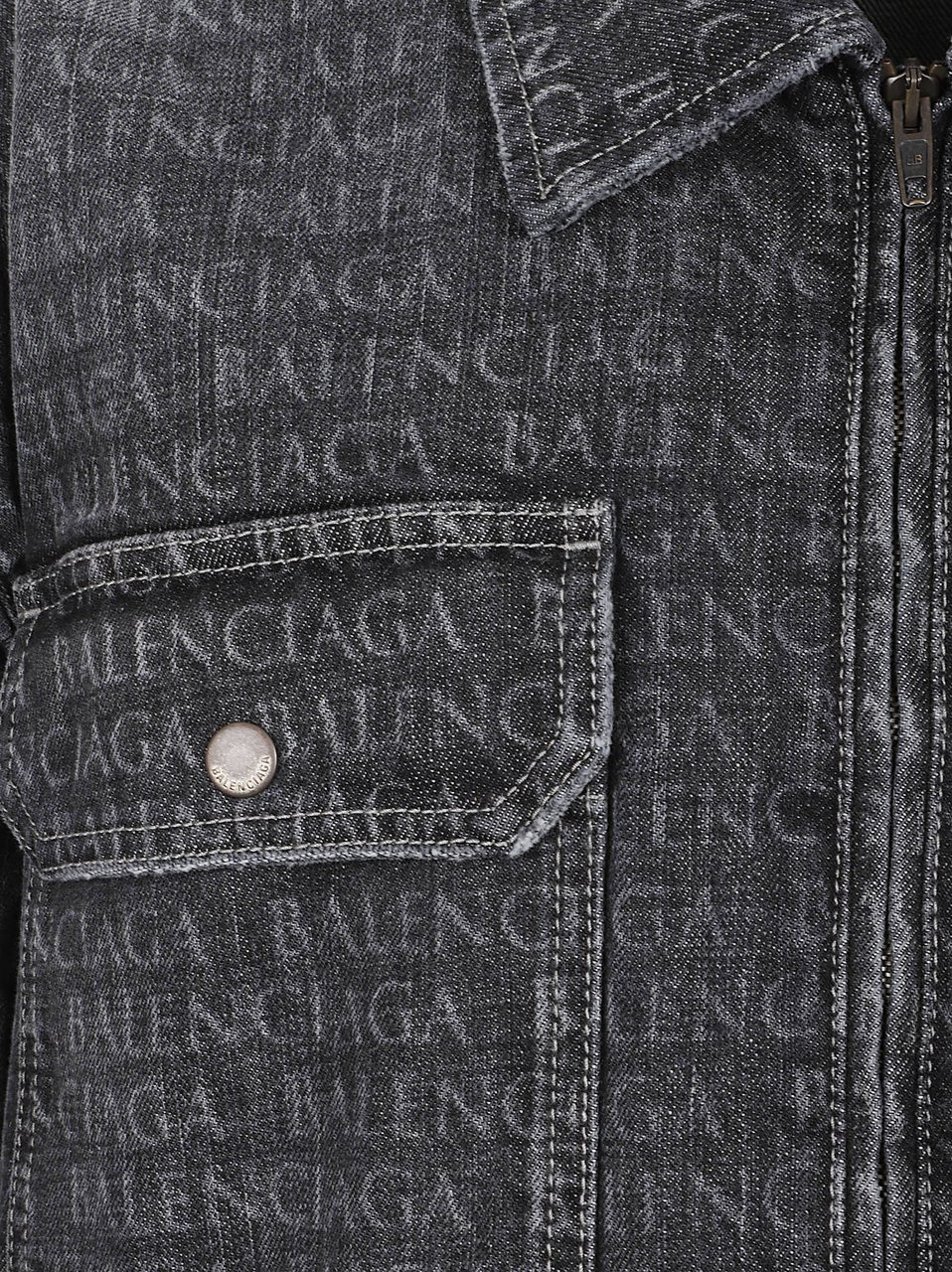 Balenciaga Washed Black Denim Jacket with Tonal Logo Print and Flap Pockets Grijs