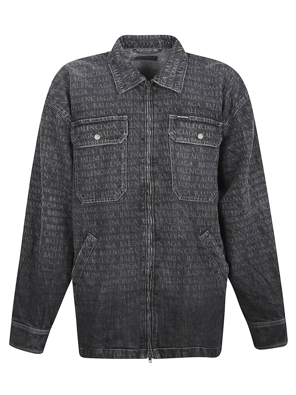 Balenciaga Washed Black Denim Jacket with Tonal Logo Print and Flap Pockets Grijs