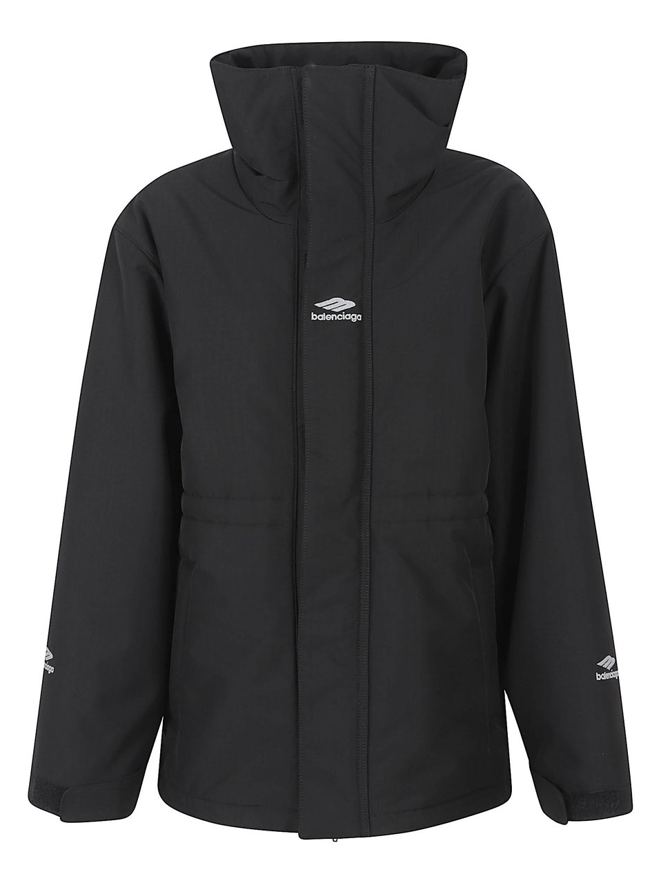 Balenciaga Technical Black Coat with High Collar and Reflective Details Zwart