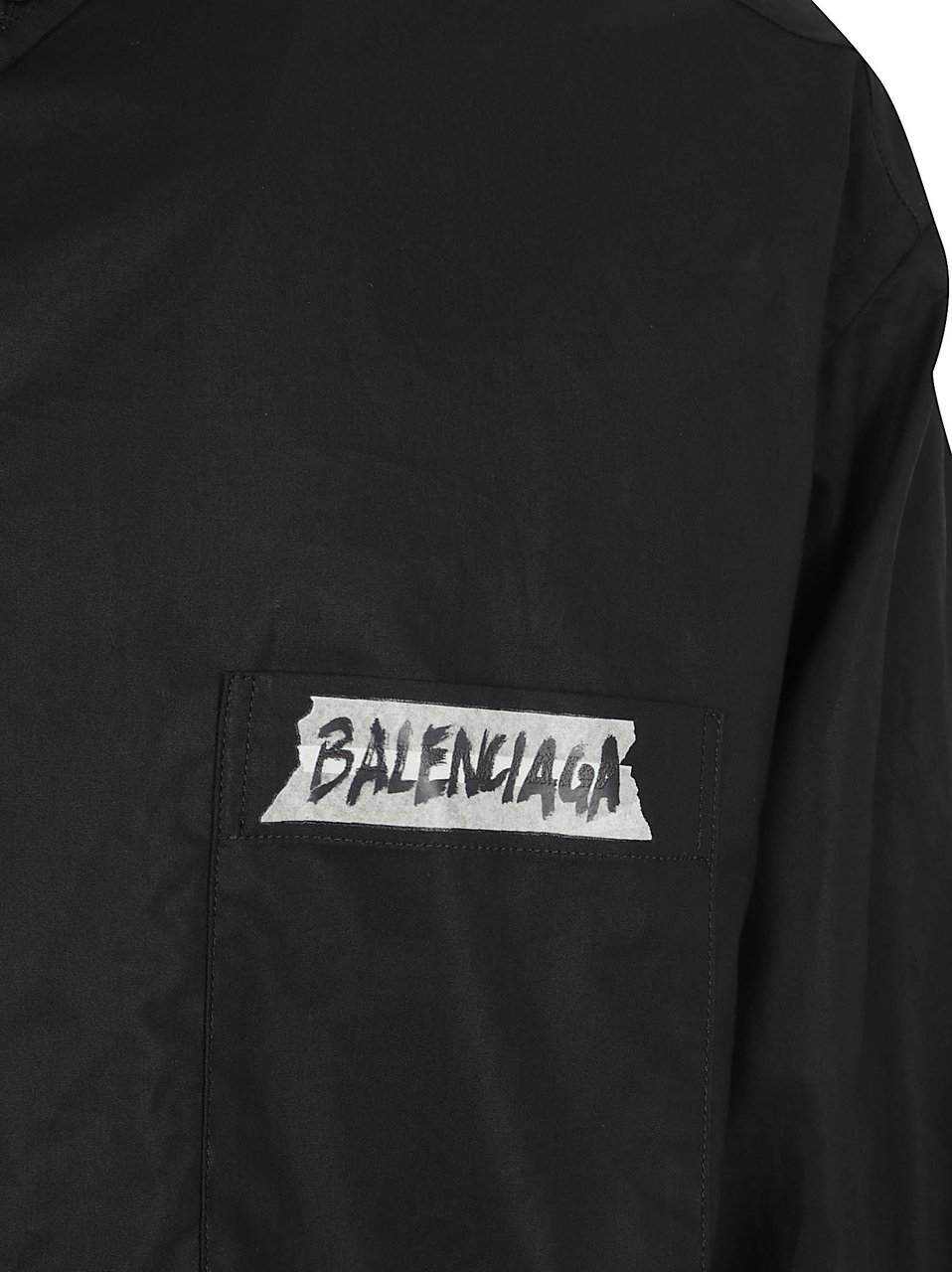 Balenciaga Button-Up Cotton Shirt with Engraved Buttons and Masking Tape Motif Zwart