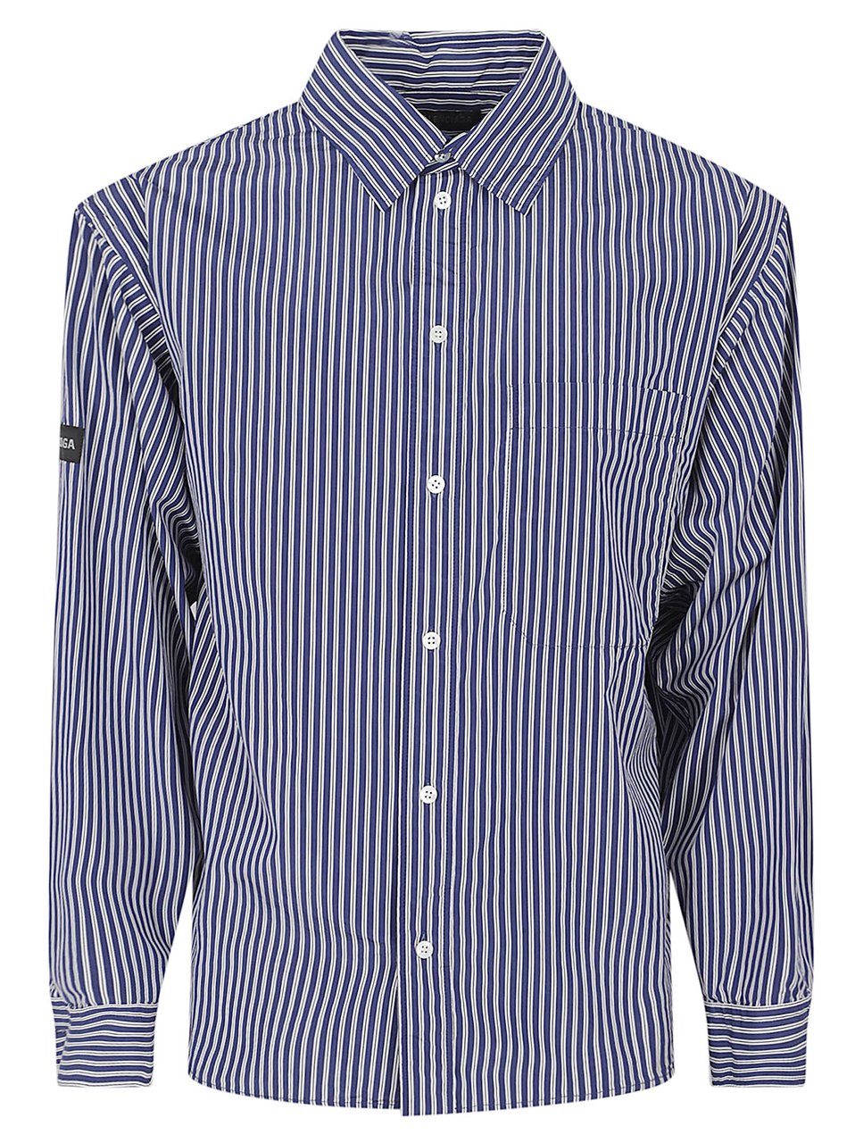 Balenciaga Striped Cotton Poplin Shirt with Logo Accents Blauw