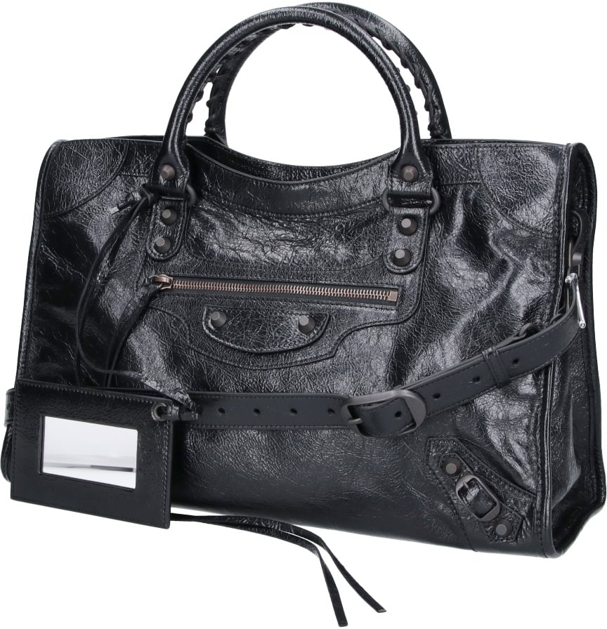 Balenciaga Black City Medium Textured Leather Shoulder Bag Zwart